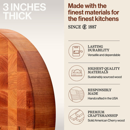 John Boos Cherry Wood End Grain Round Cutting Board for Kitchen, 18" x 18" x 3"