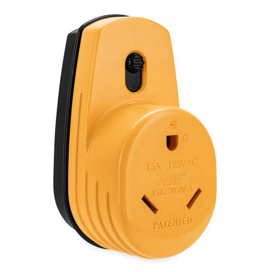 Camco 55225 Power Grip RV 125 Volt Two Plug 15 Amp to Single 30 Amp Adapter - Find Fresh Goods