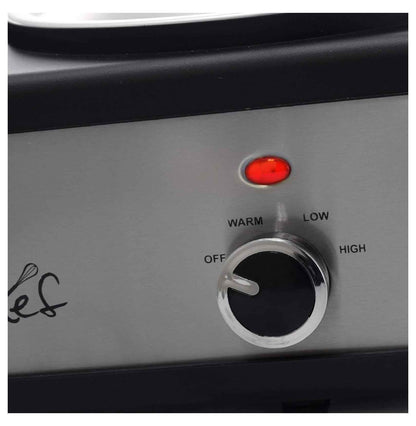 Warmer 2.5 Quart Slow Cooker and Buffet Server in Brushed Silver and Black Finish with 3 Ceramic Cooking Pots and Removable Lid Rests 2.5 Quarts