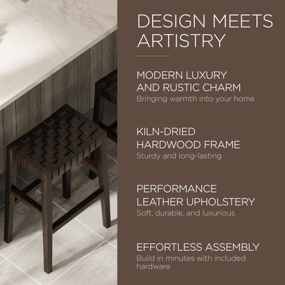 Maven Lane Emerson Bar Stool, Weathered Brown Wood Finish with Marksman Saddle Vegan Leather