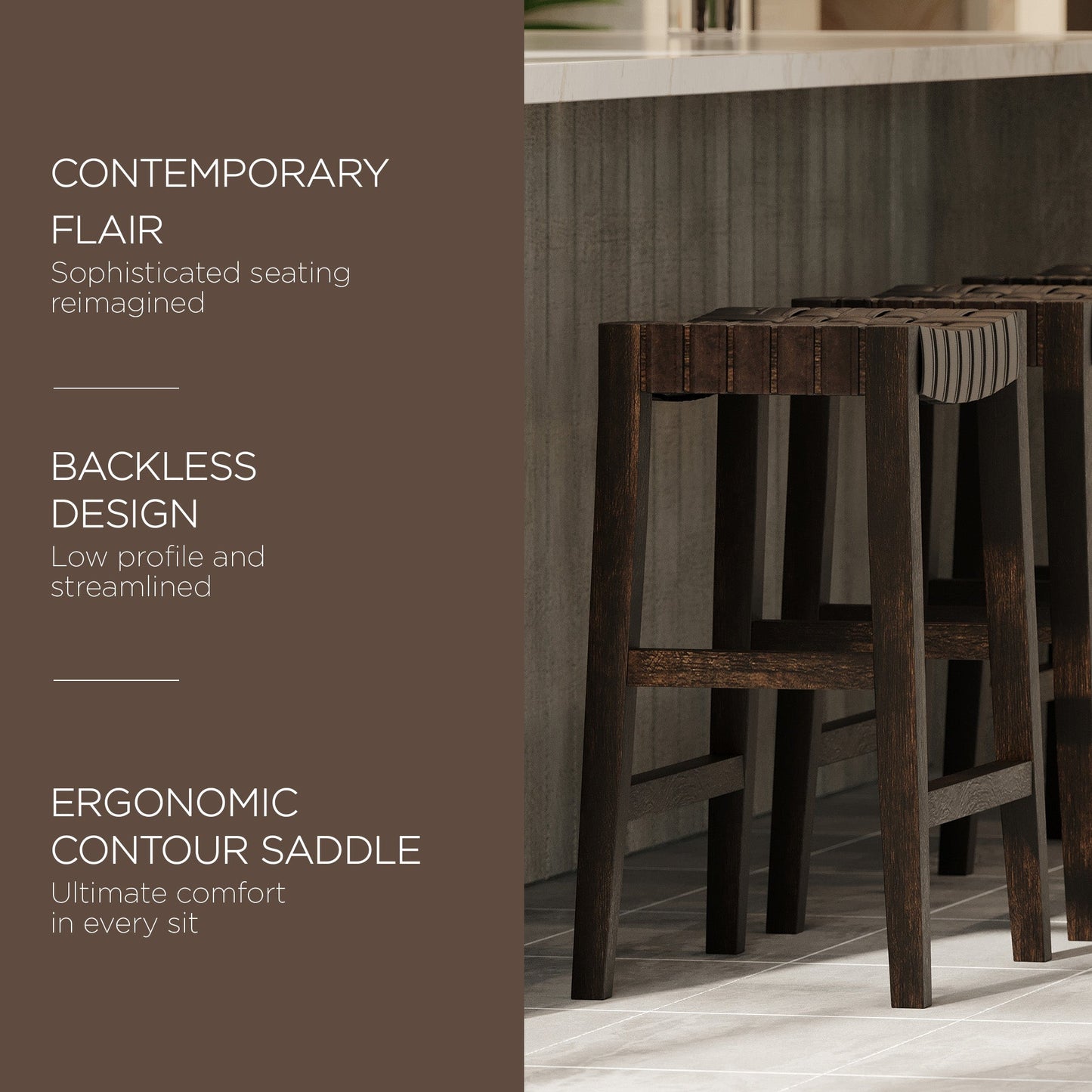 Maven Lane Emerson Counter Stool, Weathered Brown with Vegan Leather, Set of 4