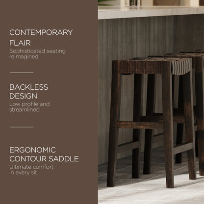 Maven Lane Emerson Counter Stool, Weathered Brown with Vegan Leather, Set of 4