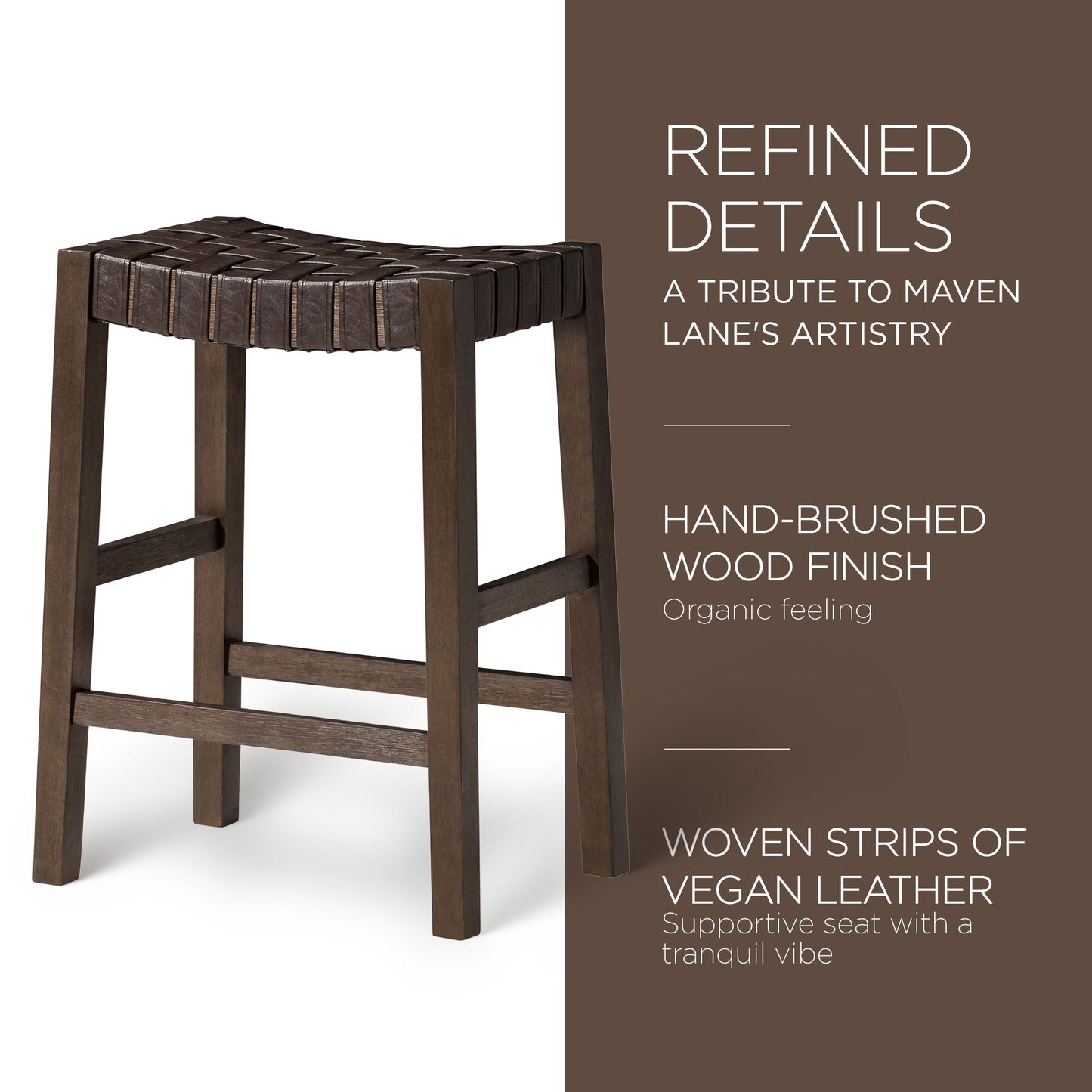 Maven Lane Emerson Counter Stool, Weathered Brown Wood Finish with Marksman Saddle Vegan Leather