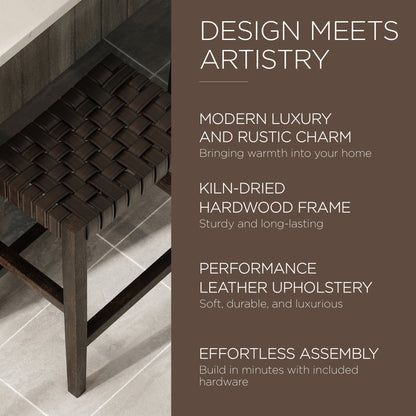 Maven Lane Emerson Counter Stool, Weathered Brown Wood Finish with Marksman Saddle Vegan Leather