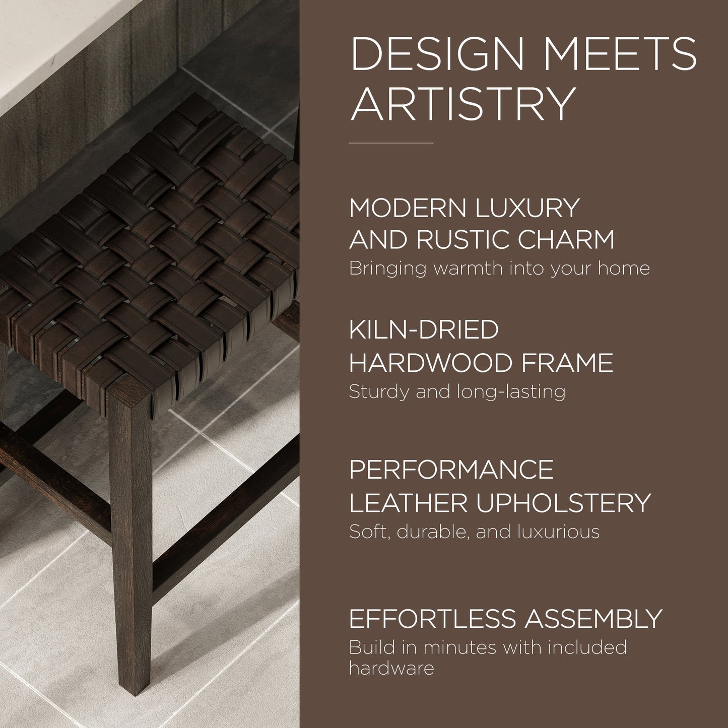 Maven Lane Emerson Counter Stool, Weathered Brown with Vegan Leather, Set of 4