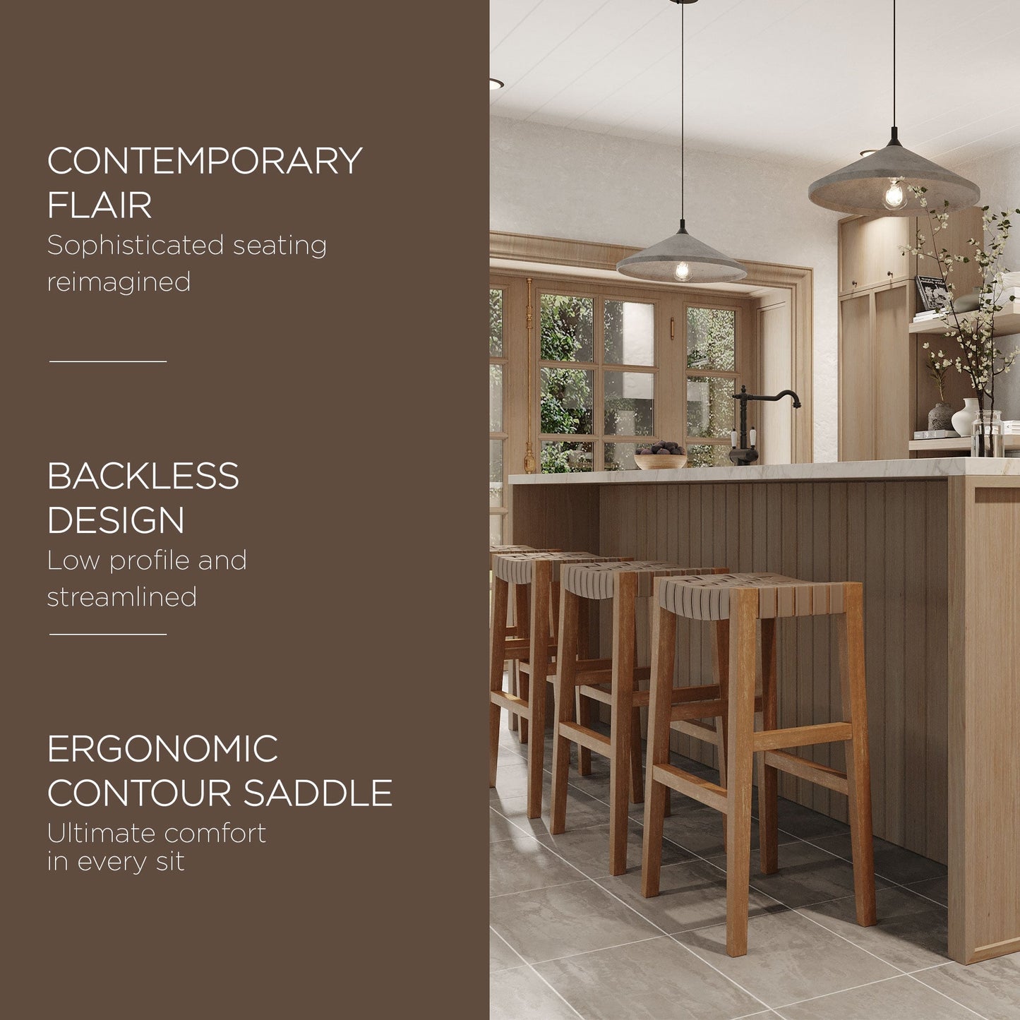 Maven Lane Emerson Bar Stool in Weathered Natural Wood Finish with Avanti Bone Vegan Leather