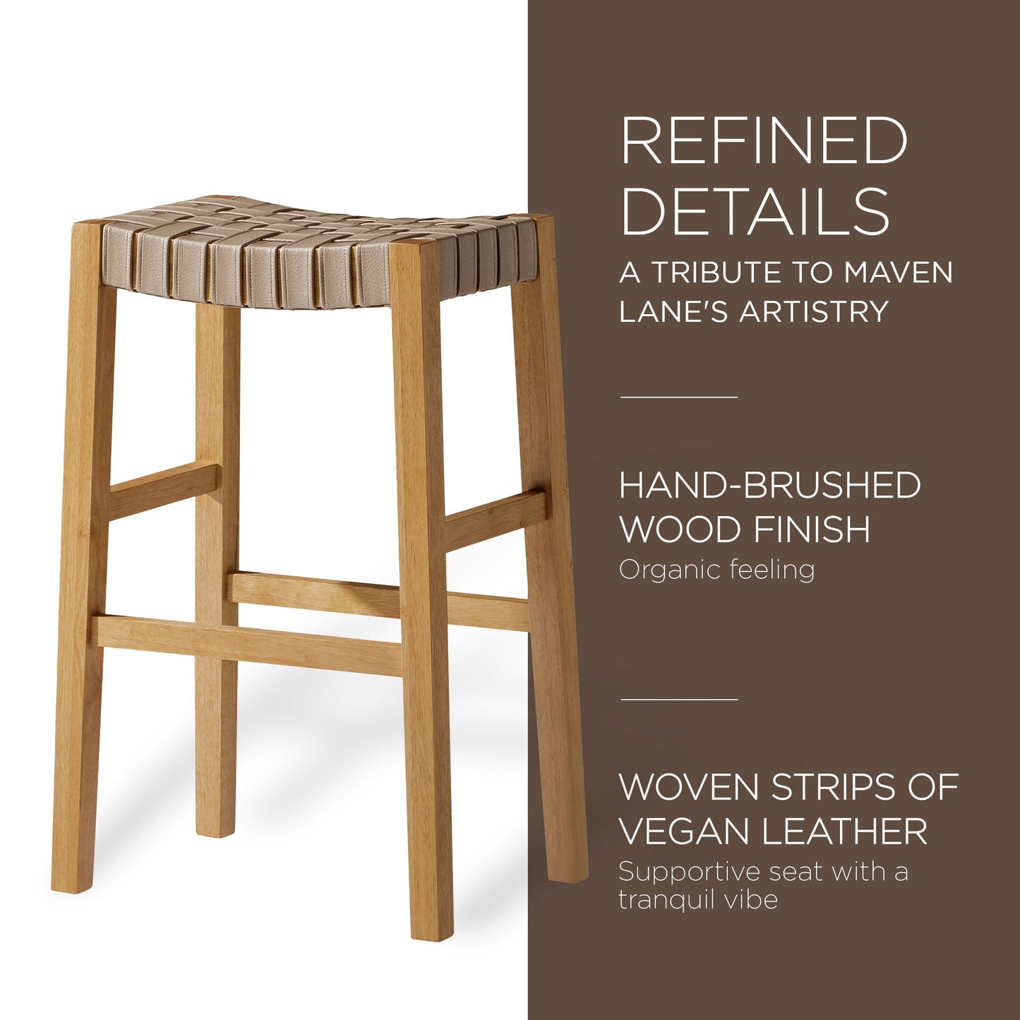 Maven Lane Emerson Bar Stool in Weathered Natural Wood Finish with Avanti Bone Vegan Leather