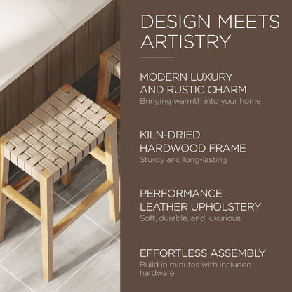 Maven Lane Emerson Bar Stool in Weathered Natural Wood Finish with Avanti Bone Vegan Leather