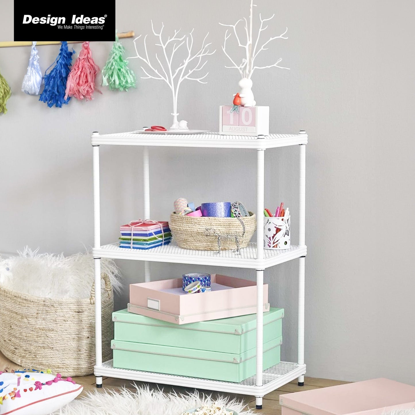 Design Ideas MeshWorks 3 Tier Full-Size Metal Storage Shelving Unit Rack, White