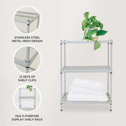 Design Ideas MeshWorks 3 Tier Full-Size Metal Storage Shelving Unit Rack, Silver