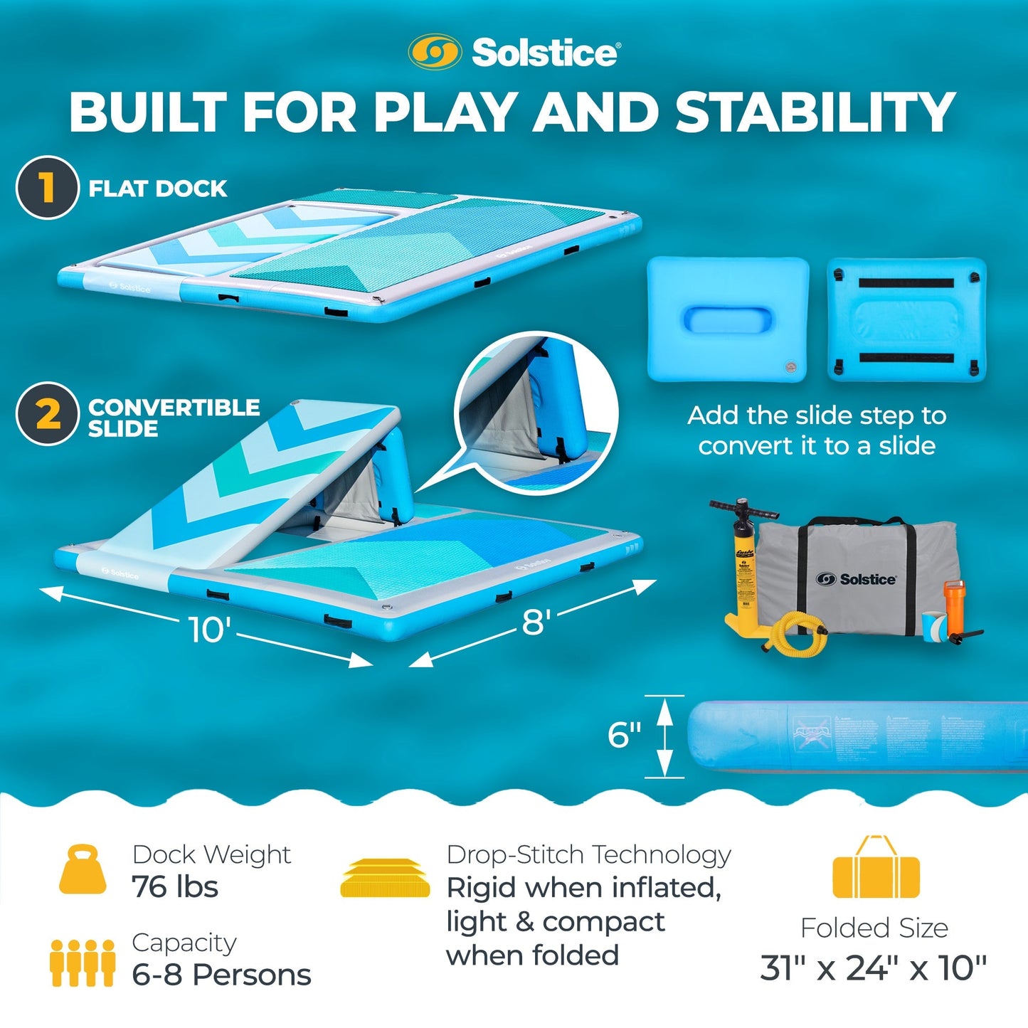 Solstice 10' x 8' Inflatable Convertible Floating Slide Dock with Pump and Bag - Find Fresh Goods