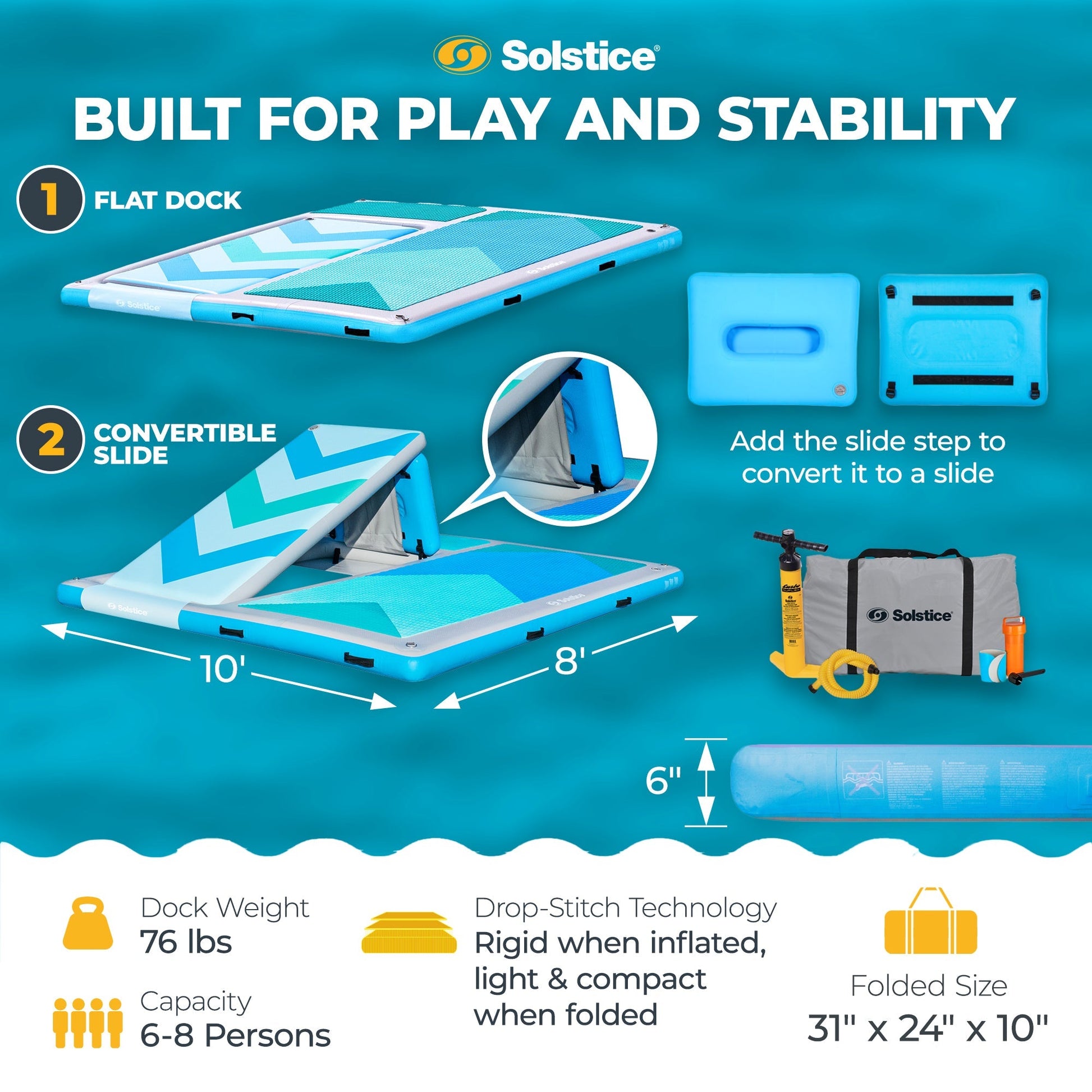 Solstice 10' x 8' Inflatable Convertible Floating Slide Dock with Pump and Bag - Find Fresh Goods