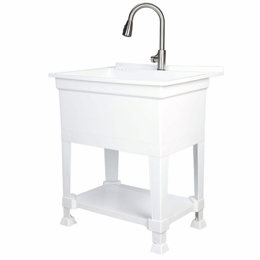 UTILITYSINKS Plastic 30” Freestanding Utility Tub Sink with Pull Faucet, White