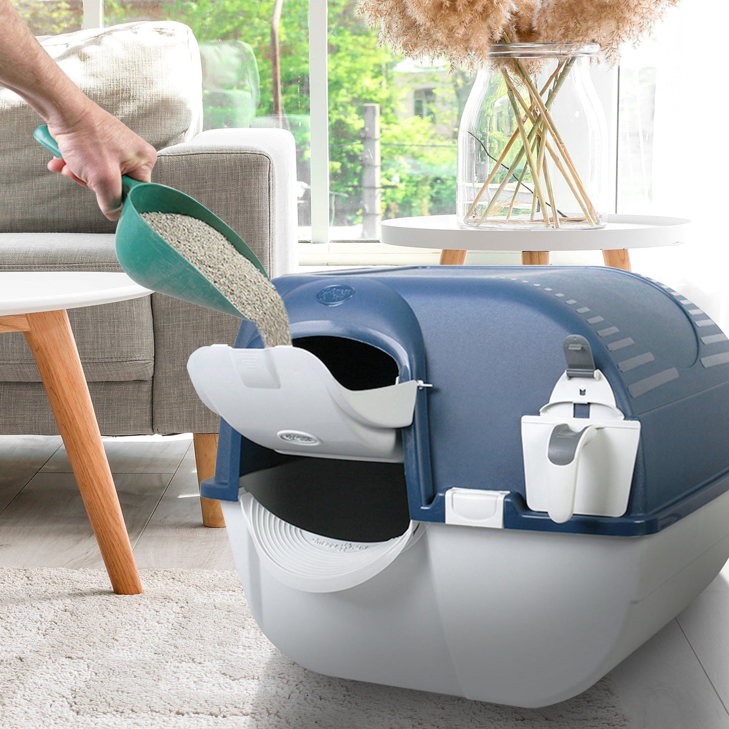 Omega Paw Roll N Clean Complete Self Cleaning Litter Box and 100 Bags, Blue