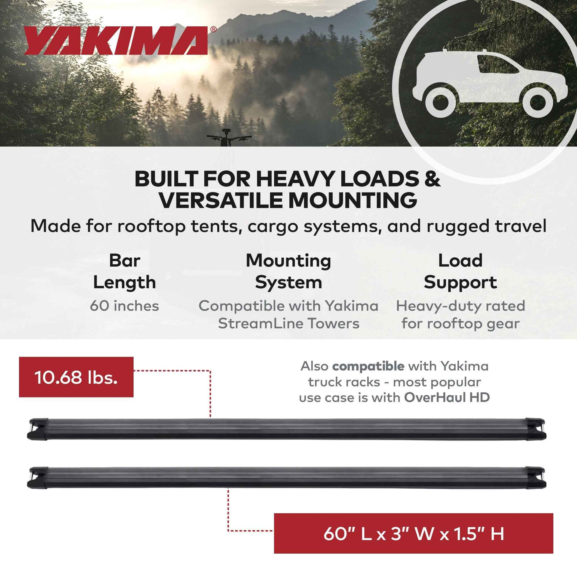 Yakima 60 Inch Heavy Duty Crossbars w/Rubber Infill, Works w/StreamLine Towers