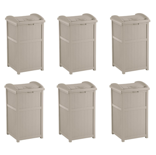 Suncast Trash Hideaway 33 Gallon Resin Outdoor Garbage Container, Taupe (6 Pack)