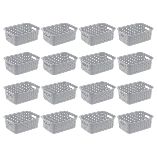 Sterilite 11" Small Weave Open Bin Organize Wicker Storage Basket, Grey, 16 Pack