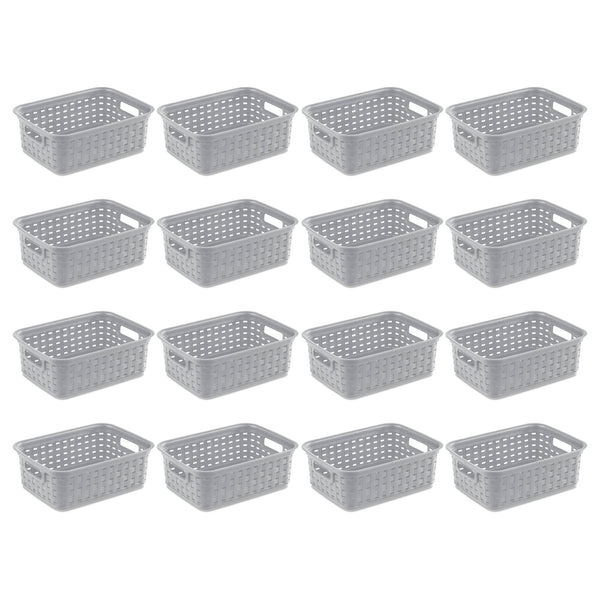 Sterilite 11" Small Weave Open Bin Organize Wicker Storage Basket, Grey, 16 Pack