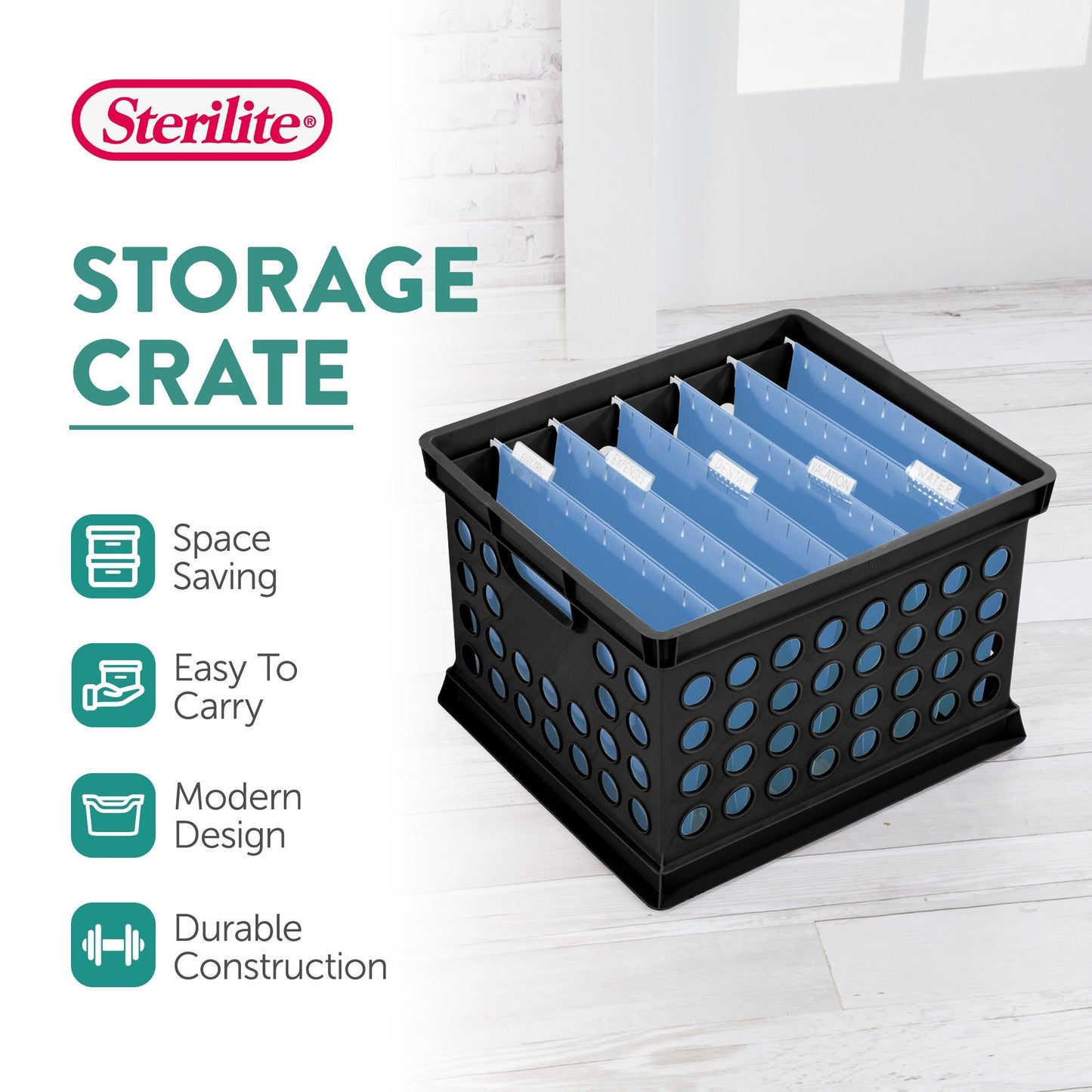 Sterilite Stackable Plastic Storage Open Crate Bin Organizer Box, Black, 24 Pack