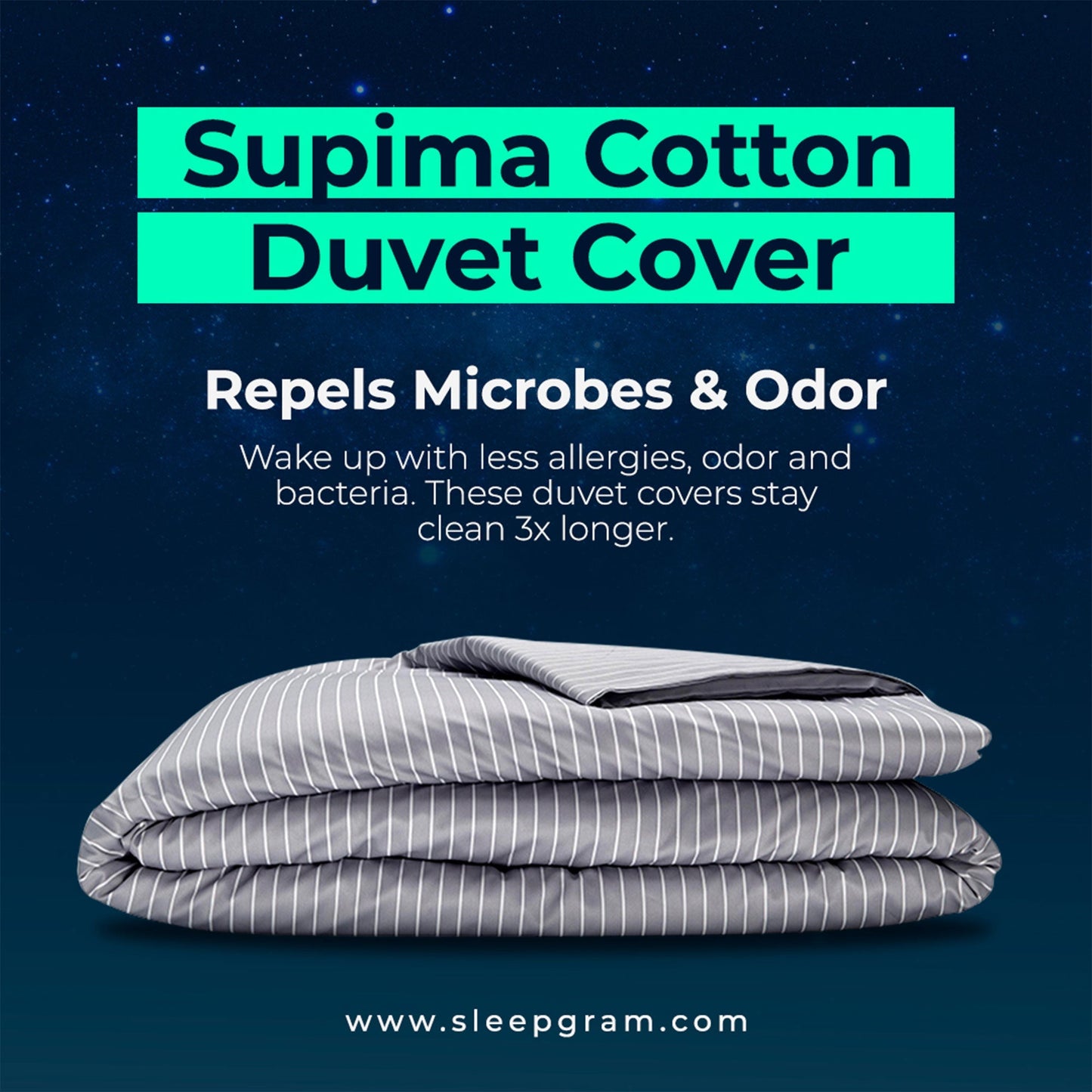 Sleepgram Supima 400 Thread Count Cotton Duvet Cover with Travel Bag, King, Grey