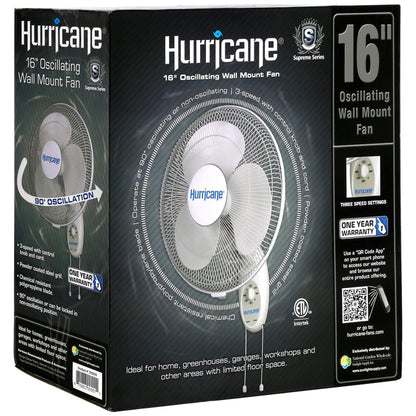 Hurricane Supreme 16 Inch 90 Degree Oscillating 3 Speed Wall Mounted Fan, White
