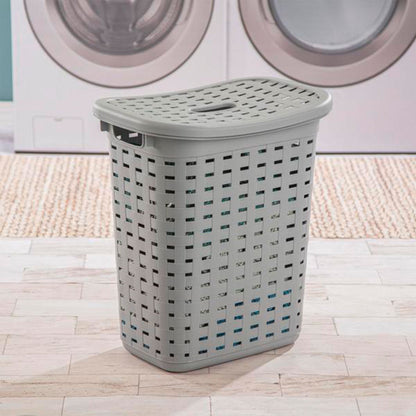 Sterilite Plastic Weave Laundry Hamper Slim Clothes Lidded Basket, Gray, 4-Pack