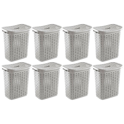 Sterilite Plastic Weave Laundry Hamper Slim Clothes Lidded Basket, Gray, 8-Pack