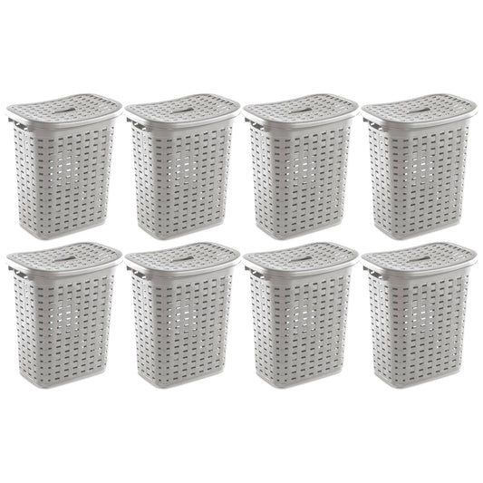 Sterilite Plastic Weave Laundry Hamper Slim Clothes Lidded Basket, Gray, 8-Pack