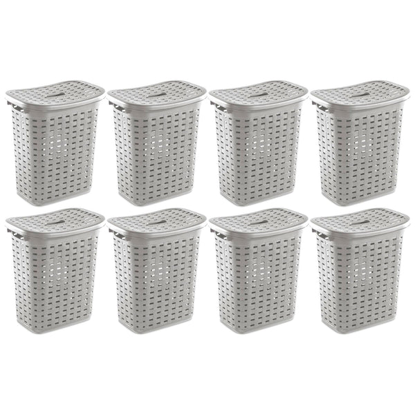Sterilite Plastic Weave Laundry Hamper Slim Clothes Lidded Basket, Gray, 8-Pack