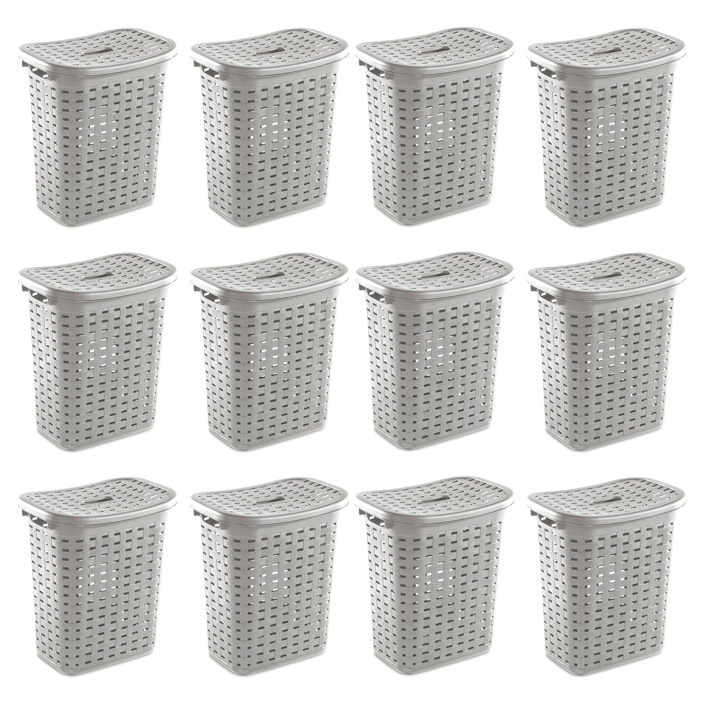Sterilite Plastic Weave Laundry Hamper Slim Clothes Lidded Basket, Gray, 12-Pack