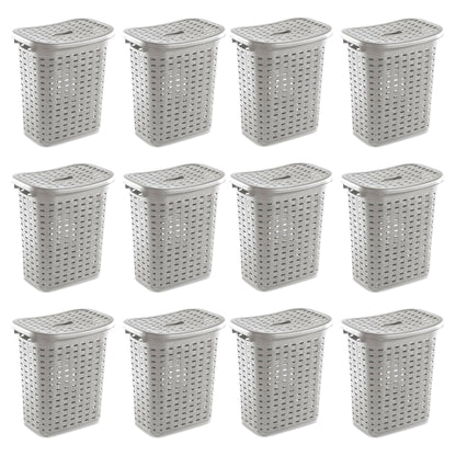 Sterilite Plastic Weave Laundry Hamper Slim Clothes Lidded Basket, Gray, 12-Pack