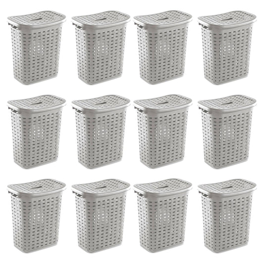 Sterilite Plastic Weave Laundry Hamper Slim Clothes Lidded Basket, Gray, 12-Pack