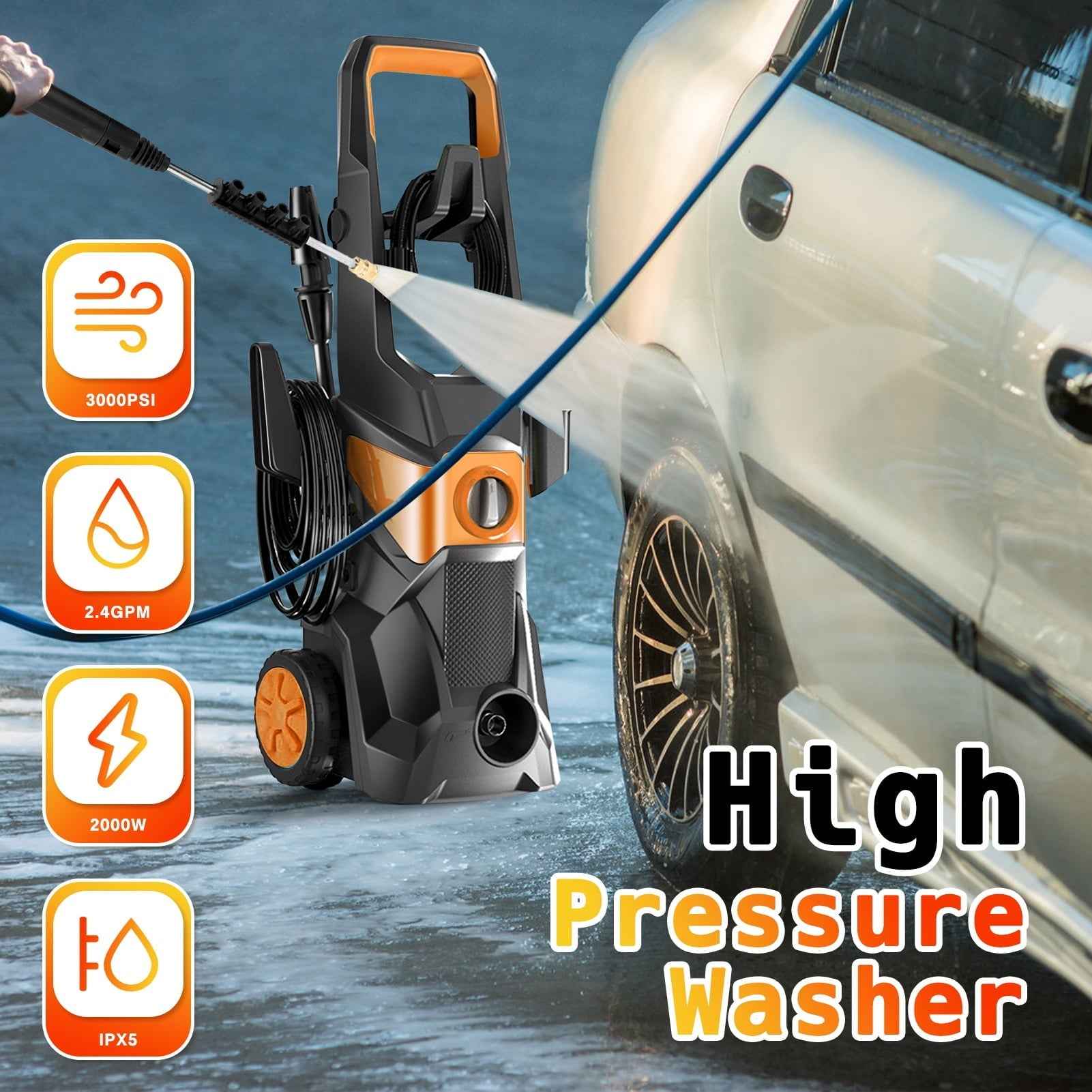 Electric Pressure Washer, 3000PSI Max 2.4 GPM Power Washer with 32 Ft Hose 32 Ft Power Cord, 4 Quick Connect Nozzles, Foam Cannon, Suitable for Clean Cars, Patios, Driveways, Fences, Pool