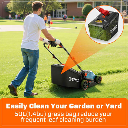 Senix 40V Cordless Lawn Mower, 17-Inch, 2-in-1 Mulching & Bagging, Brushless Motor, Battery & Charger Included