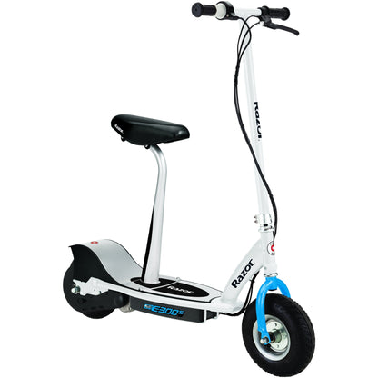 Razor E300S Seated Electric Scooter for Kids, Pneumatic Tires, Seat, White/Blue