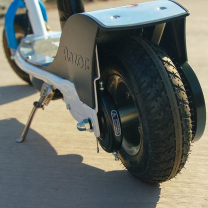 Razor E300S Seated Electric Scooter for Kids, Pneumatic Tires, Seat, White/Blue
