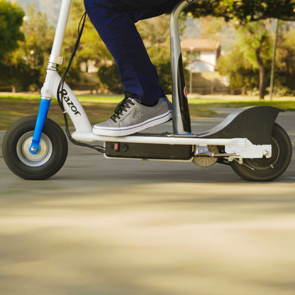 Razor E300S Seated Electric Scooter for Kids, Pneumatic Tires, Seat, White/Blue