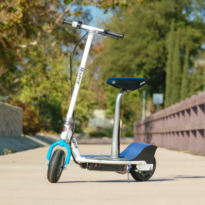 Razor E300S Seated Electric Scooter for Kids, Pneumatic Tires, Seat, White/Blue