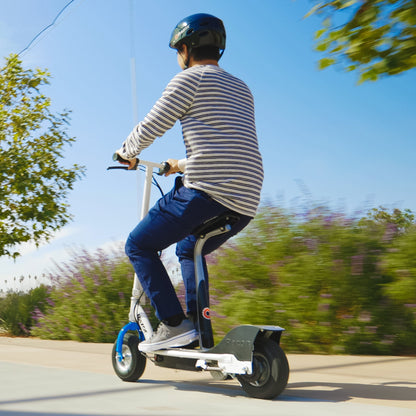 Razor E300S Seated Electric Scooter for Kids, Pneumatic Tires, Seat, White/Blue