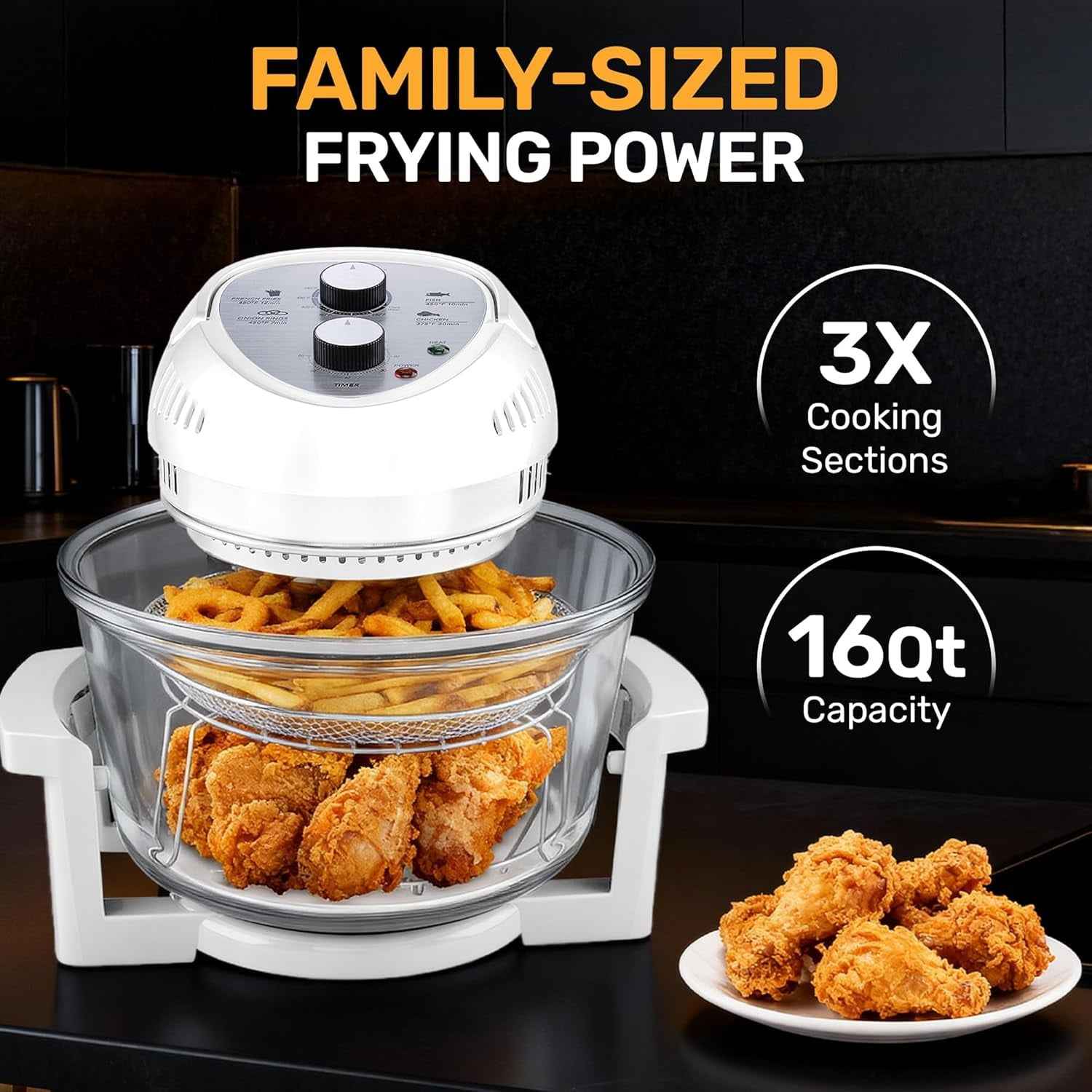 Granitestone Big Boss 16Qt Extra Large Glass Air Fryer Non Toxic – Family Sized 4 in 1 Cooker with 3 Cooking Sections, Stainless Steel Racks for French Fries, Chicken, Self Cleaning, Dishwasher Safe