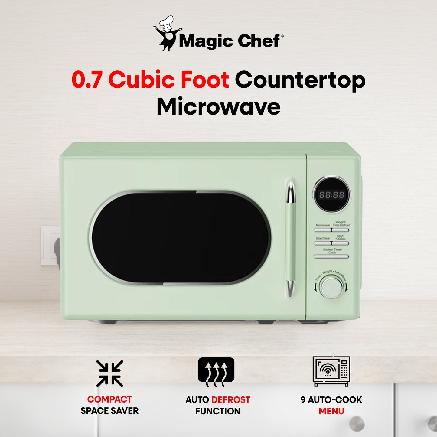 Magic Chef 0.7 Cubic Feet 700W Small Classic Retro Countertop Microwave, Green