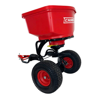 Chapin Tow Behind Spreader, Trailer Hitch with Auto-Stop, 150 lb Capacity, Red