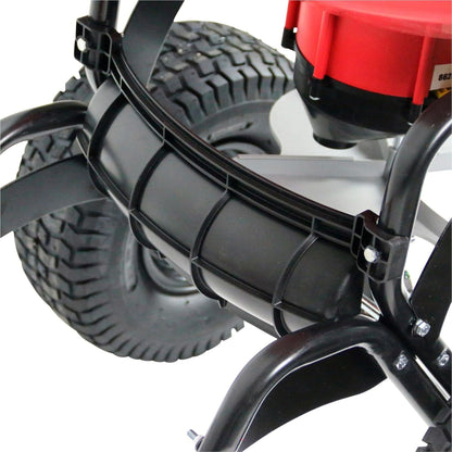 Chapin Tow Behind Spreader, Trailer Hitch with Auto-Stop, 150 lb Capacity, Red