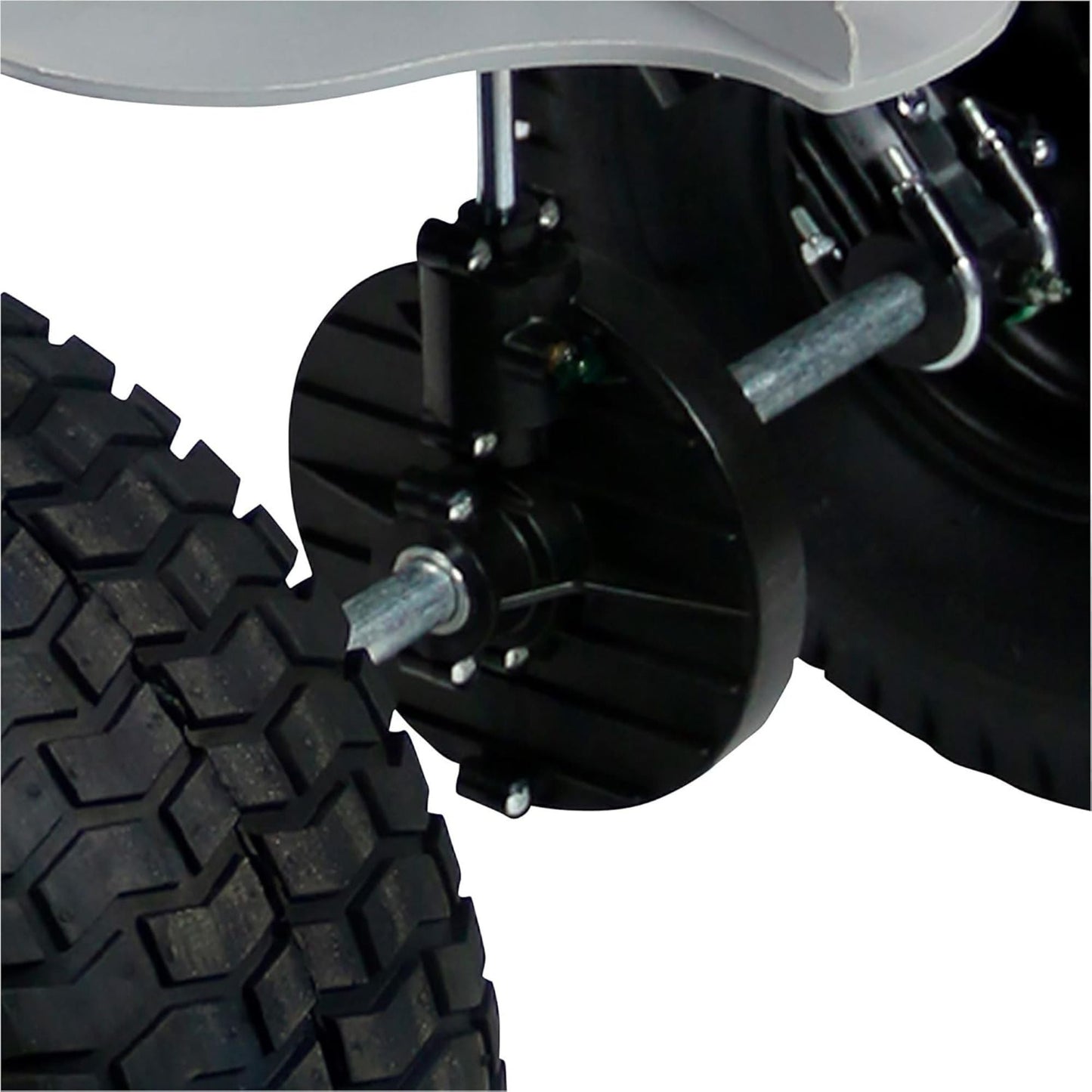 Chapin Tow Behind Spreader, Trailer Hitch with Auto-Stop, 150 lb Capacity, Red