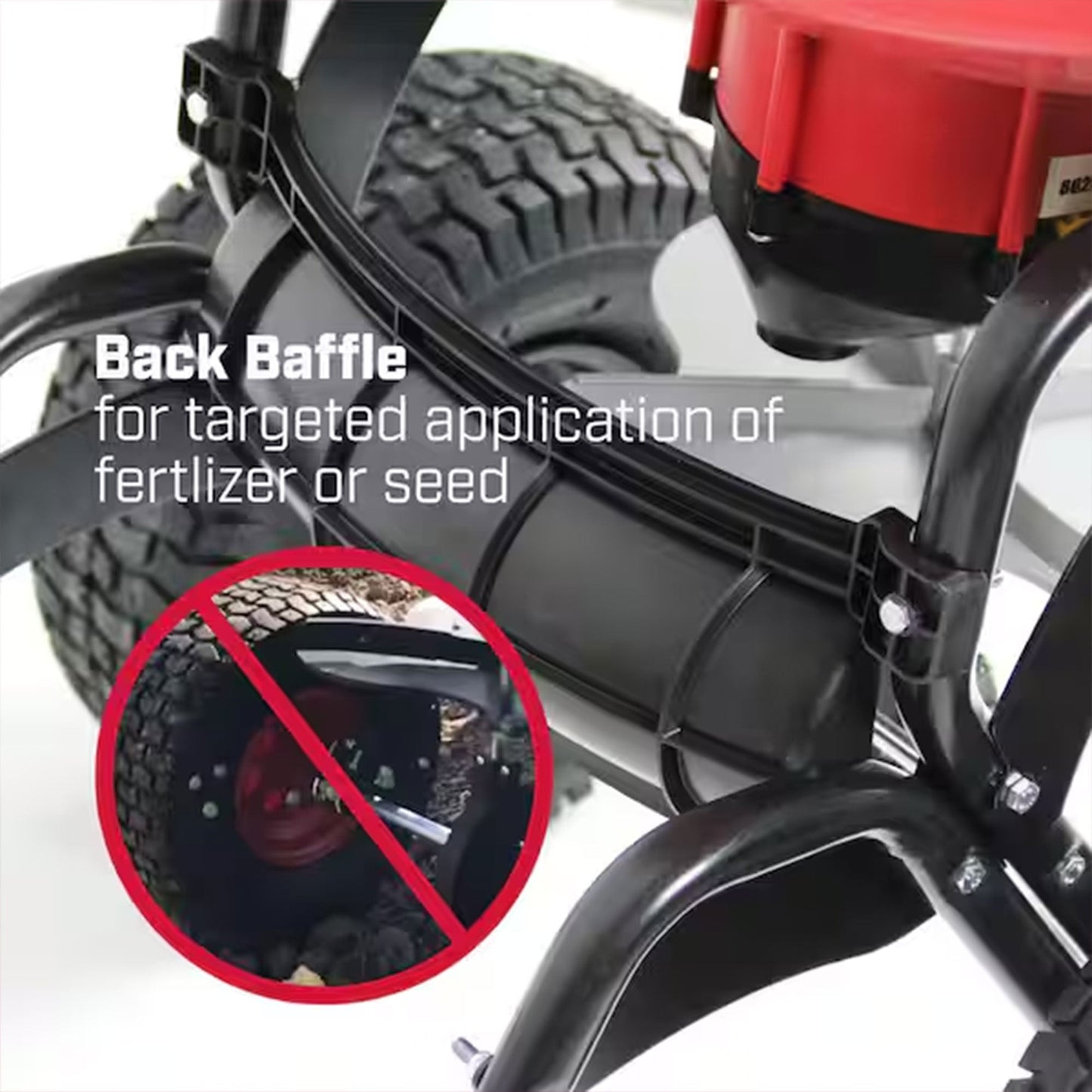 Chapin Tow Behind Spreader, Trailer Hitch with Auto-Stop, 150 lb Capacity, Red