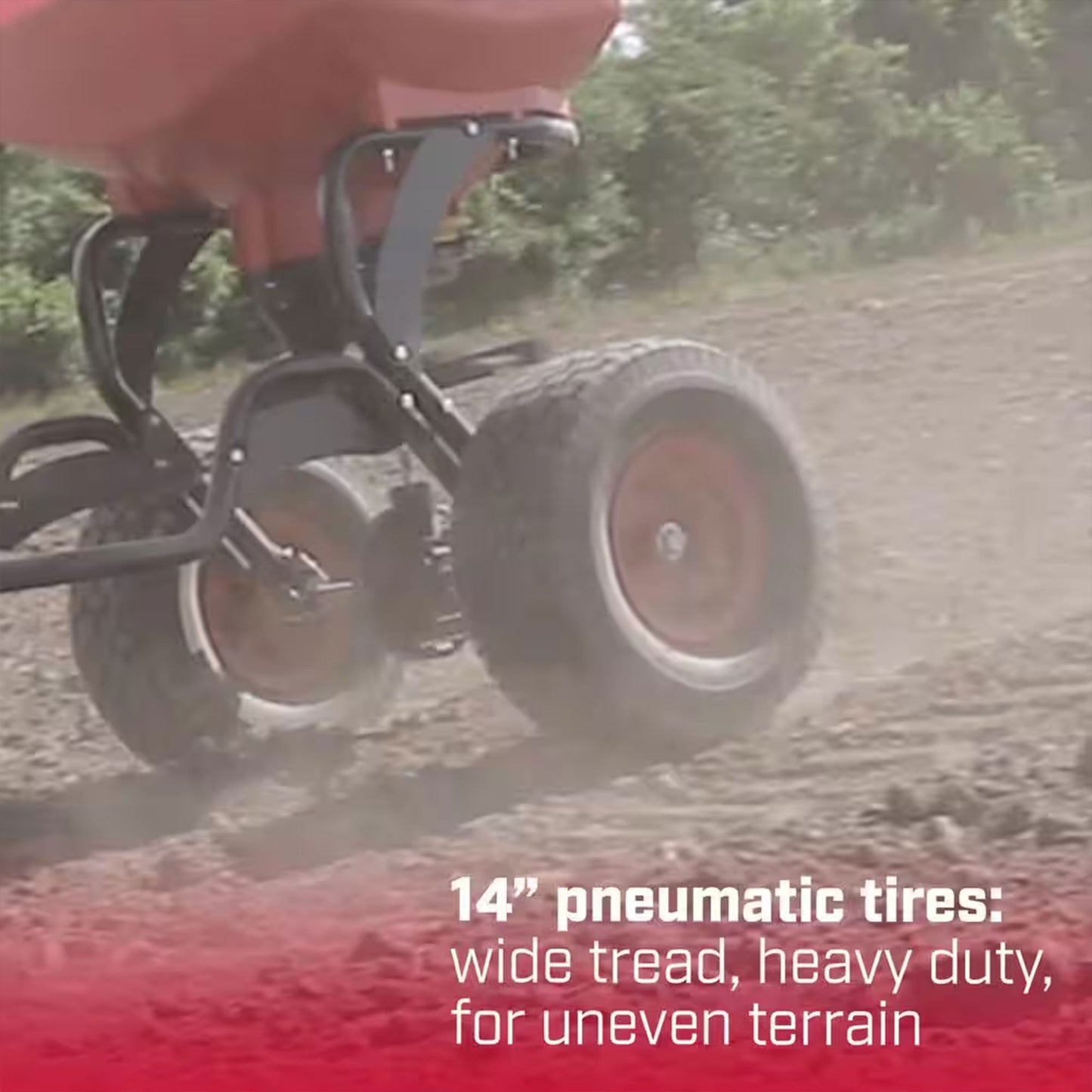 Chapin Tow Behind Spreader, Trailer Hitch with Auto-Stop, 150 lb Capacity, Red