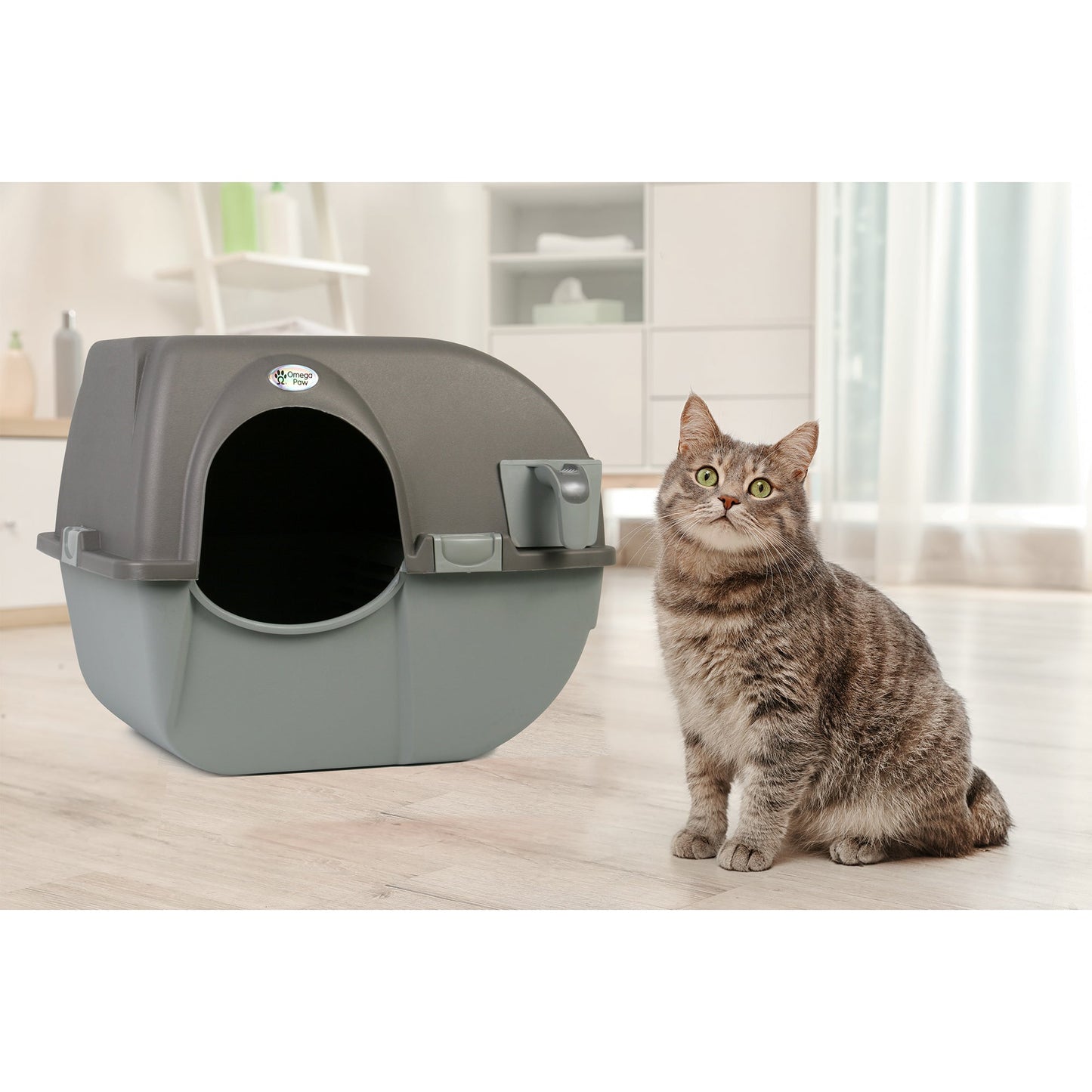 Omega Paw Roll 'n Clean Self Cleaning Cat Litter Box with Tray, Regular, Taupe