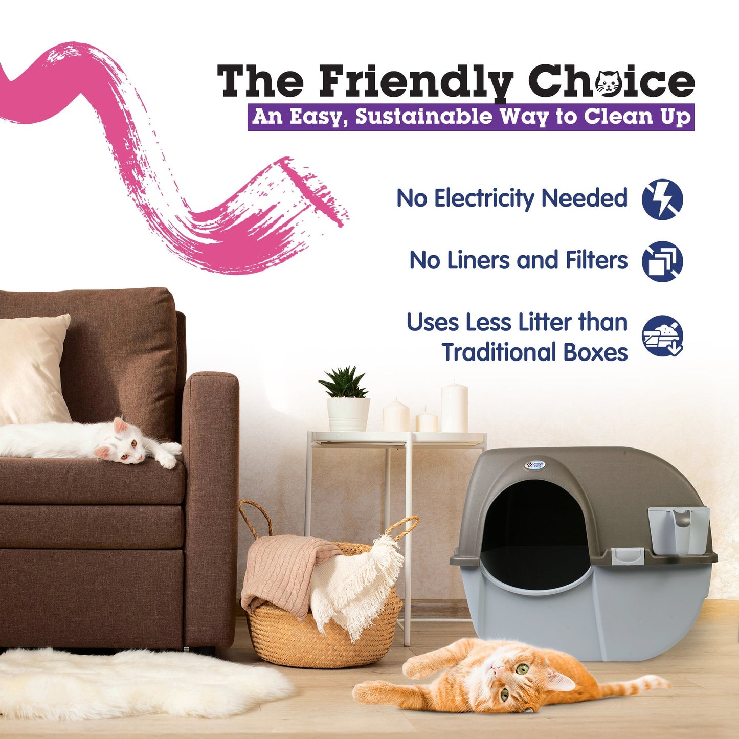 Omega Paw Roll 'n Clean Self Cleaning Cat Litter Box with Tray, Regular, Taupe