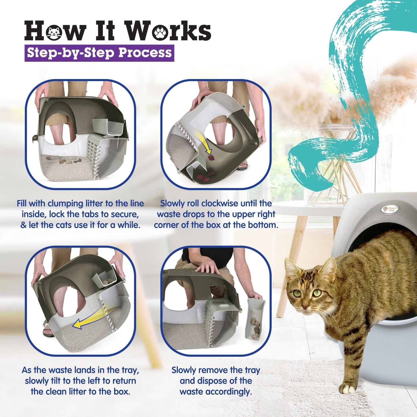 Omega Paw Roll 'n Clean Self Cleaning Cat Litter Box with Tray, Regular, Taupe