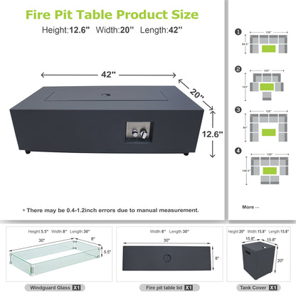 Evita 42" Propane Fire Pit Table for Outdoor 50,000 BTU Gas Fire Pits with Lid ,Glass stone,Tank Cover
